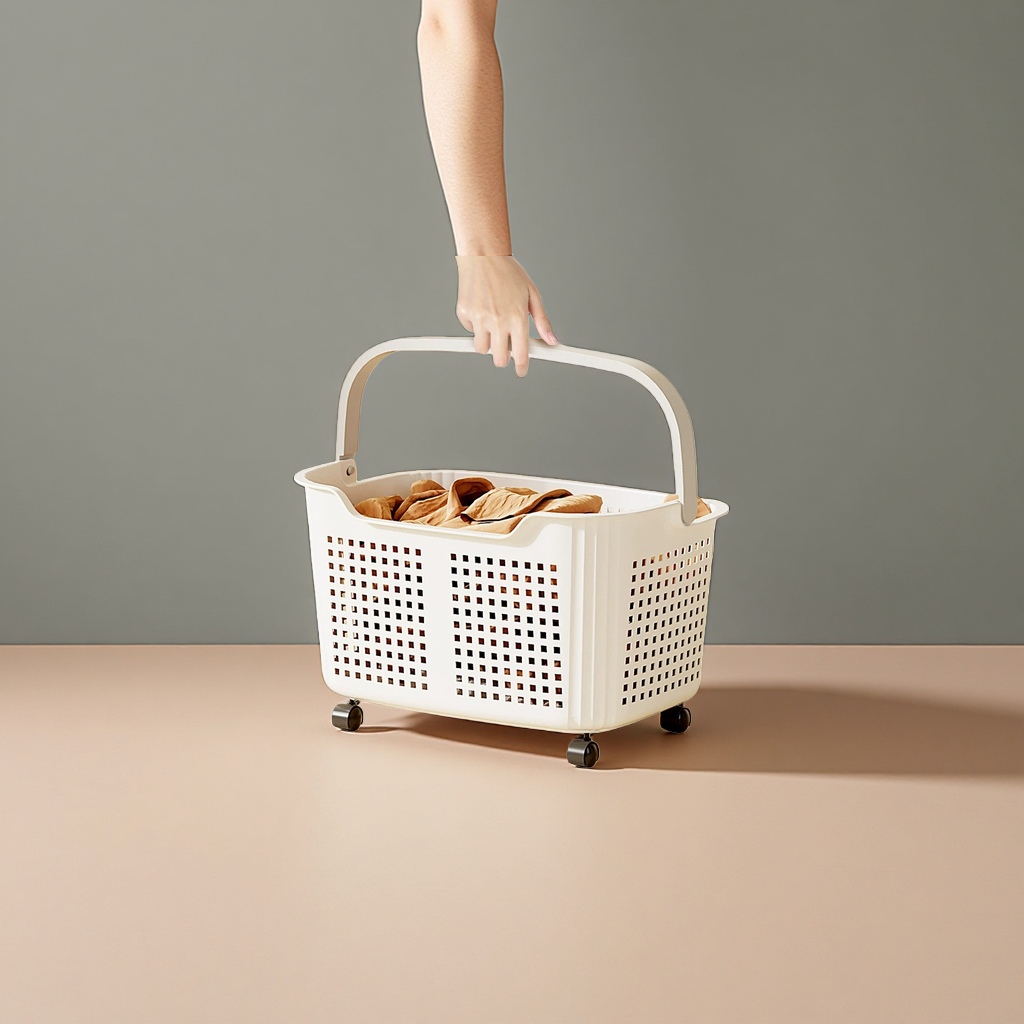 White wheeled laundry basket Application Scenario
