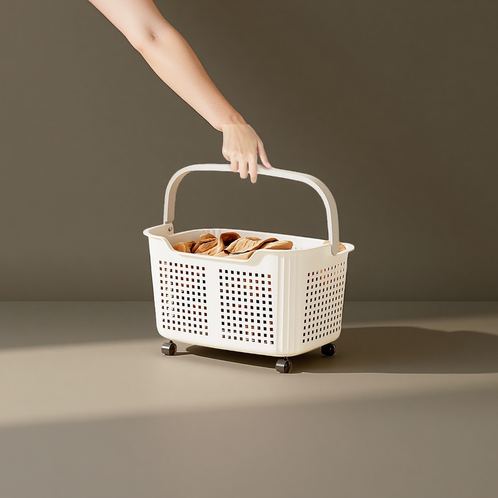 White wheeled laundry basket details Picture
