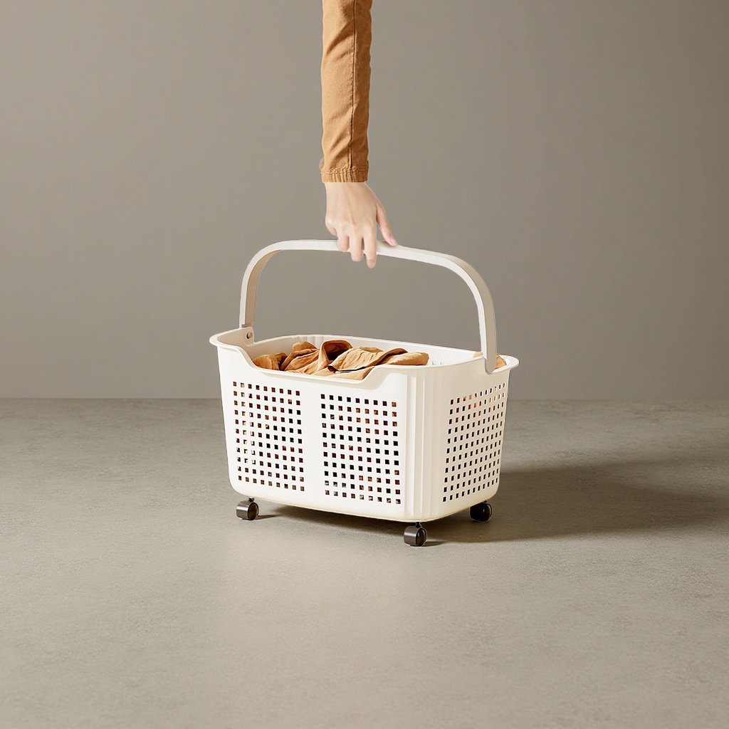 White wheeled laundry basket Specification image