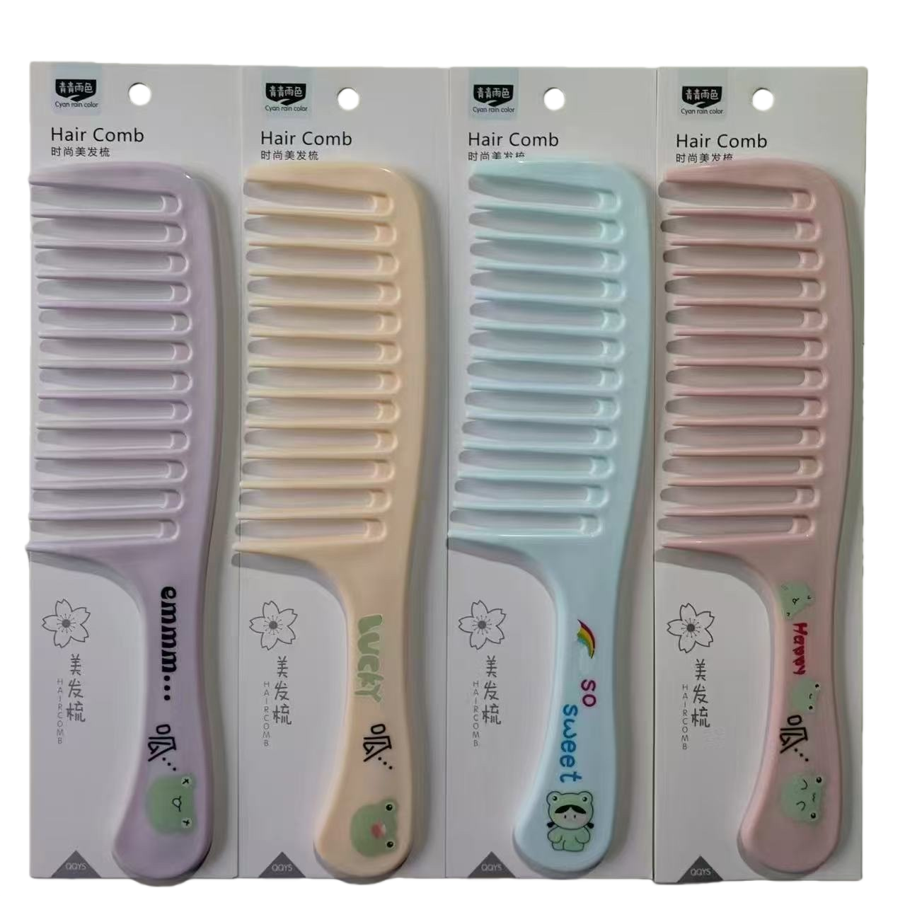 A large-toothed fashionable hair comb in blue and blue with cute cartoon patterns. Four wide-toothed combs in purple, beige, blue and pink Item Picture