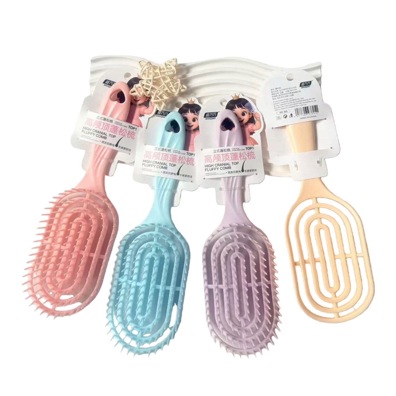High skull top fluffy plastic comb available in four colors: pink, blue, purple and beige Item Picture