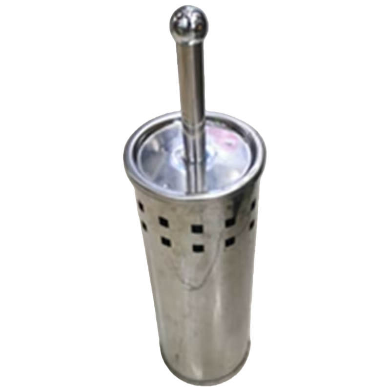 Stainless steel toilet brush bucket with scraper, freestanding hand-free bathroom cleaning set Item Picture