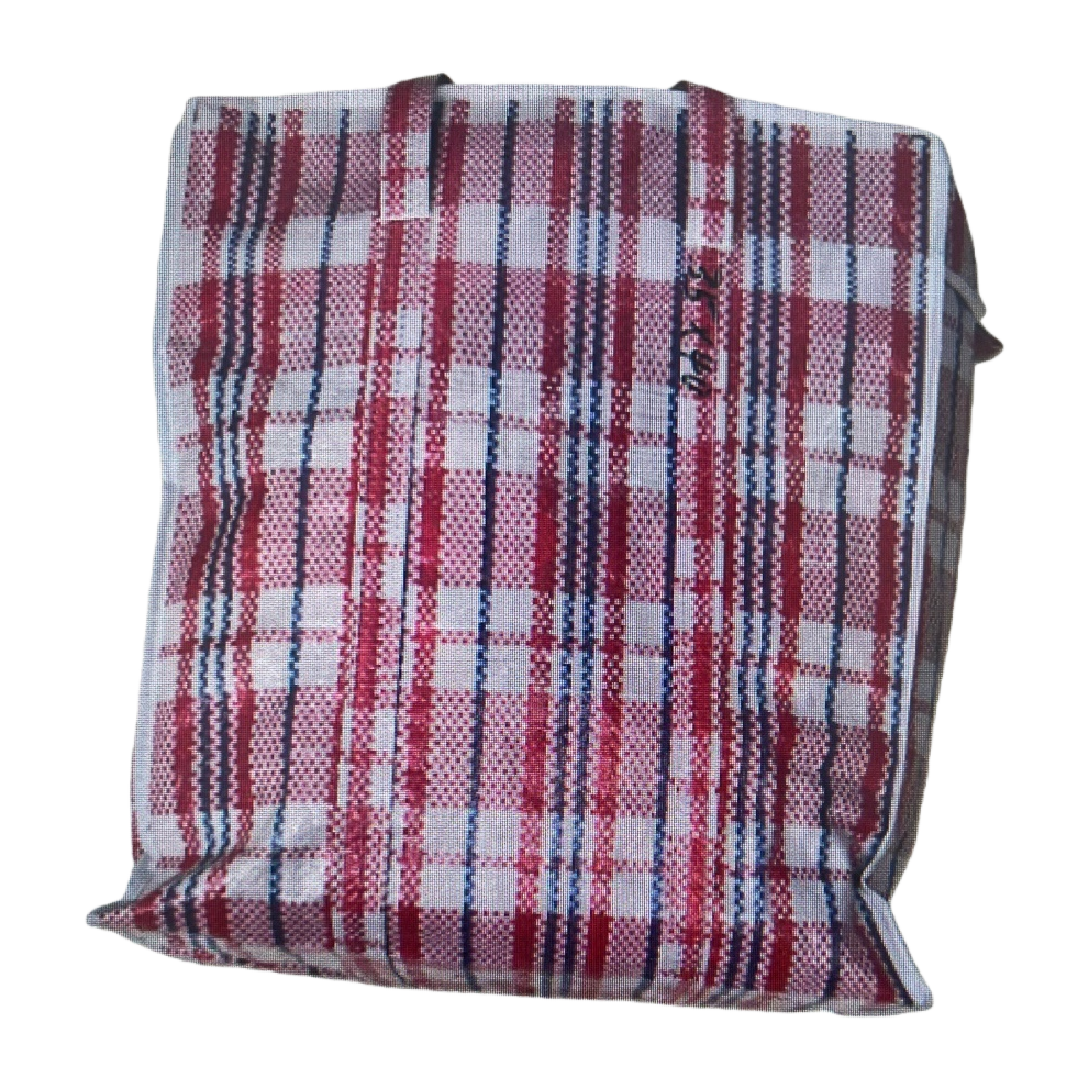 A large-capacity hand-held shopping bag with a checkered pattern made of cotton and linen fabric, and a foldable eco-friendly storage bag Item Picture