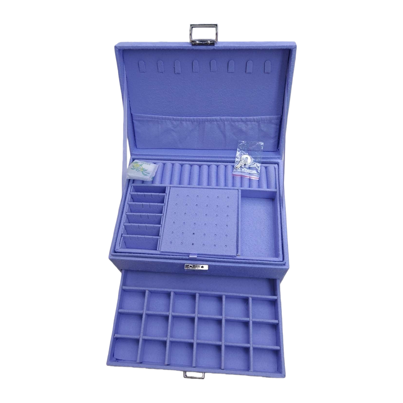 Purple jewelry storage box with velvet lining, scratch-resistant jewelry organization box, multi-layer separation, large capacity Item Picture