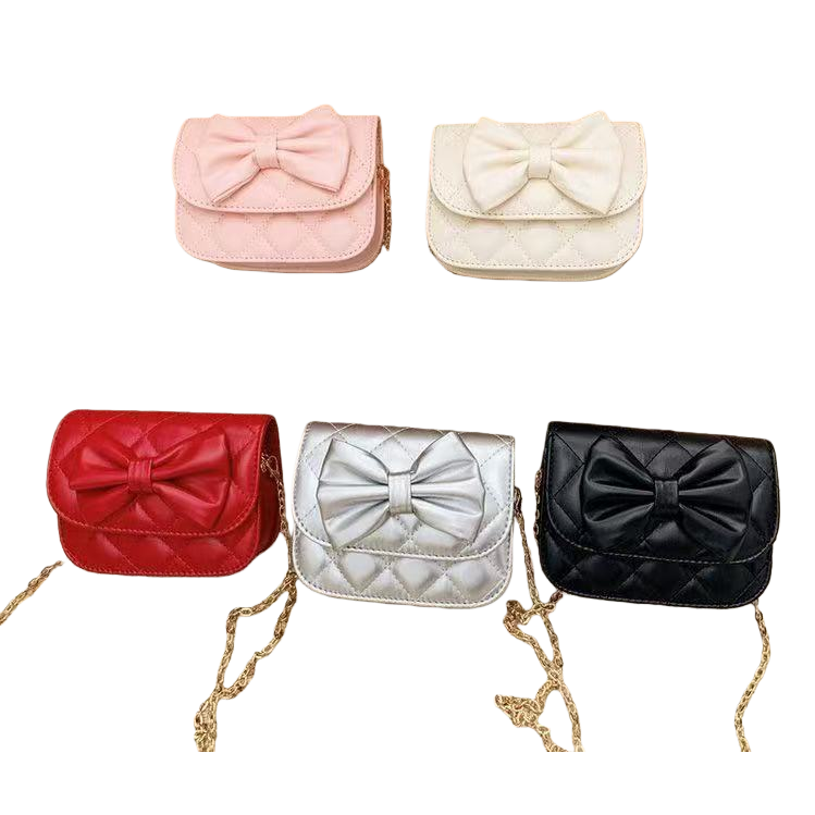 Fashionable bow chain bag available in five colors, quilted texture, golden chain mini loose change small bag, versatile for women's crossbody crossing, new cute bow children's mini bag Item Picture