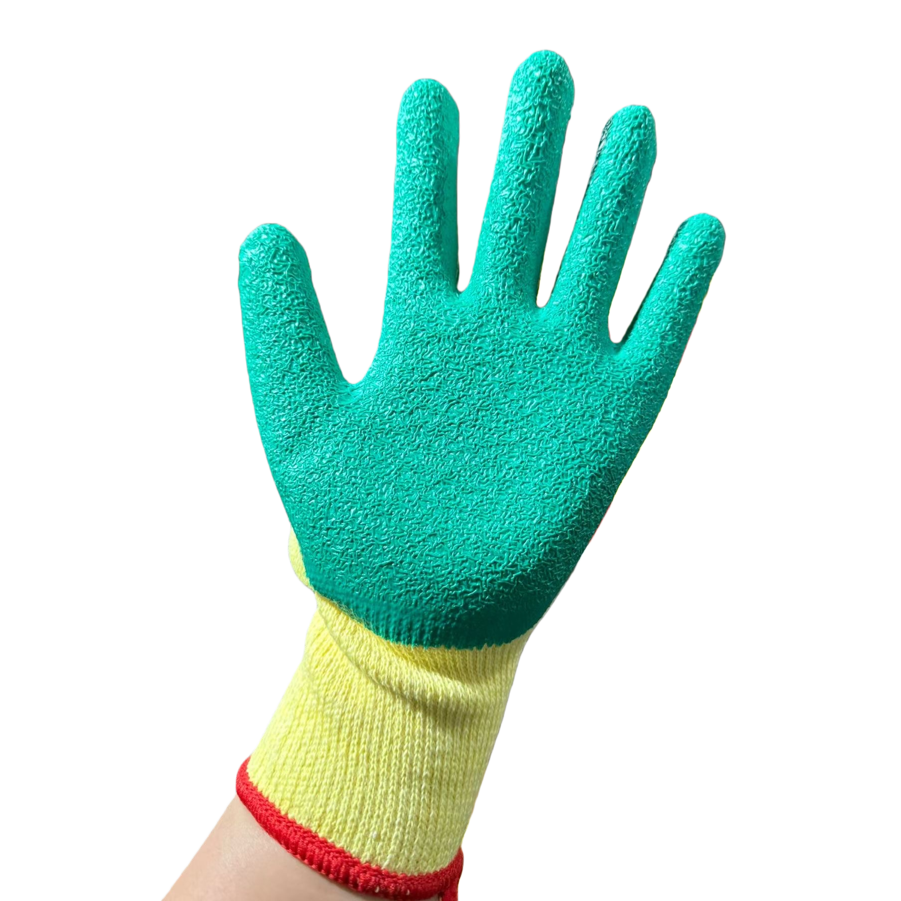 Ten-needle yellow latex knitted labor protection gloves with green and red edges Item Picture