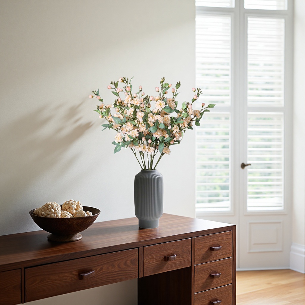 A home flower arrangement set with a simple glass vase and a bouquet Specification image