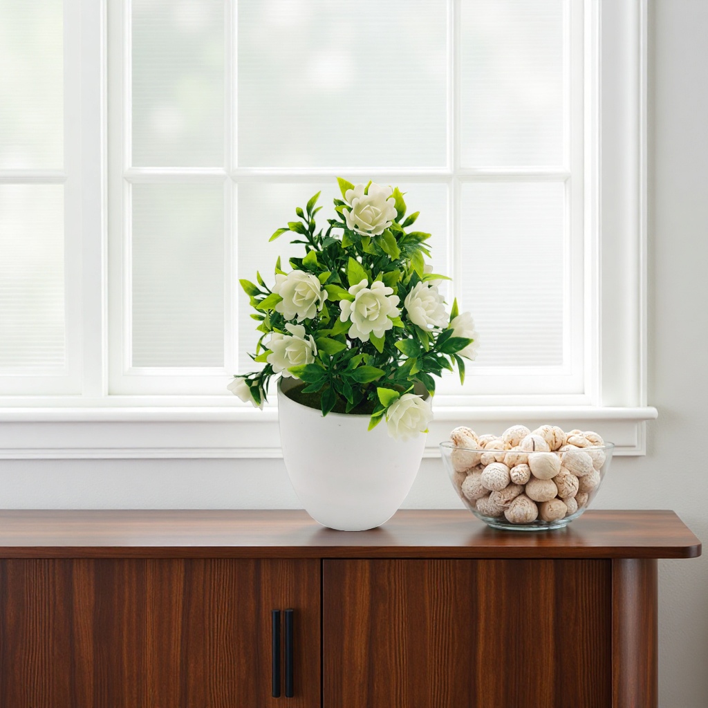 White flowerpots with artificial white rose plant home decoration ornaments Application Scenario