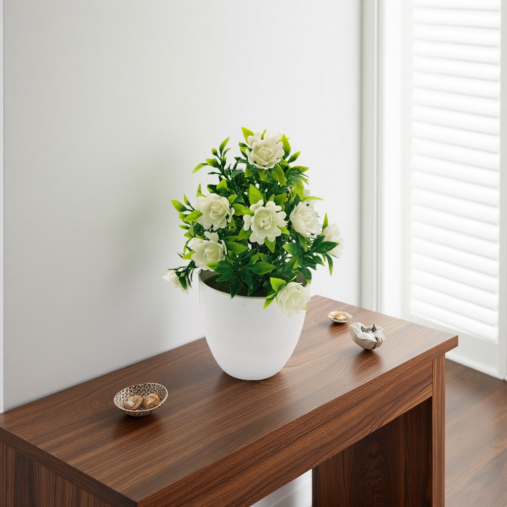 White flowerpots with artificial white rose plant home decoration ornaments details Picture