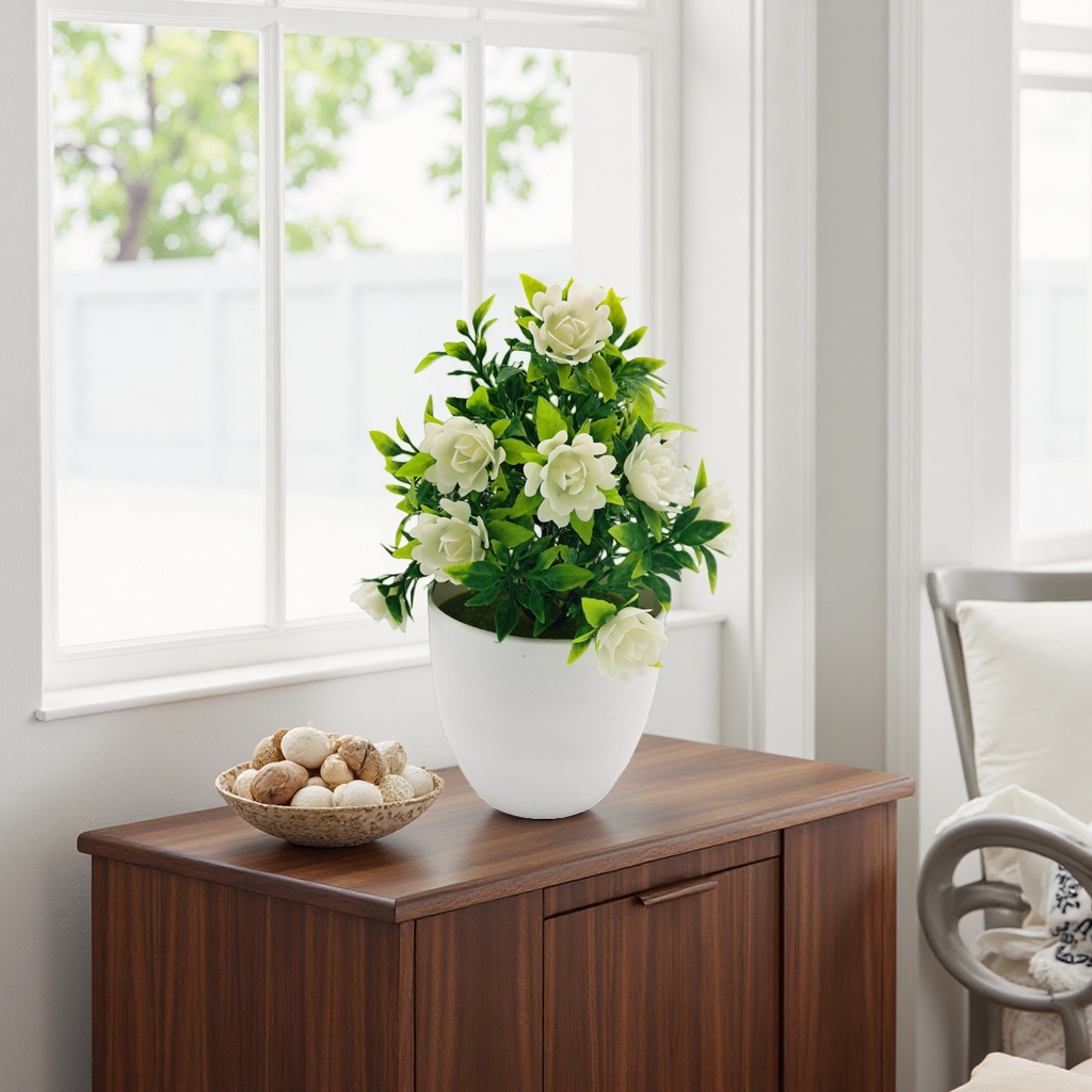 White flowerpots with artificial white rose plant home decoration ornaments Specification image