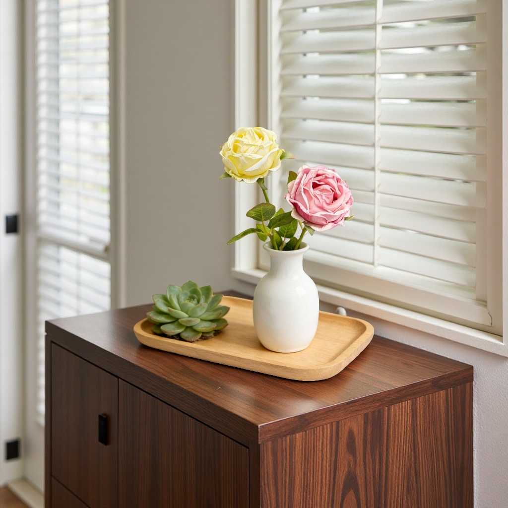 A white vase decorated with a combination of roses and succulent plants