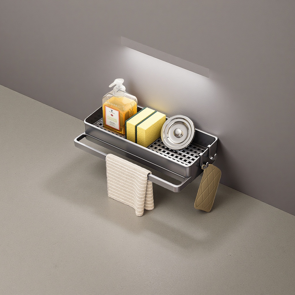 The gun gray detachable water collection tray kitchen storage rack comes with 2 hooks as a gift Application Scenario