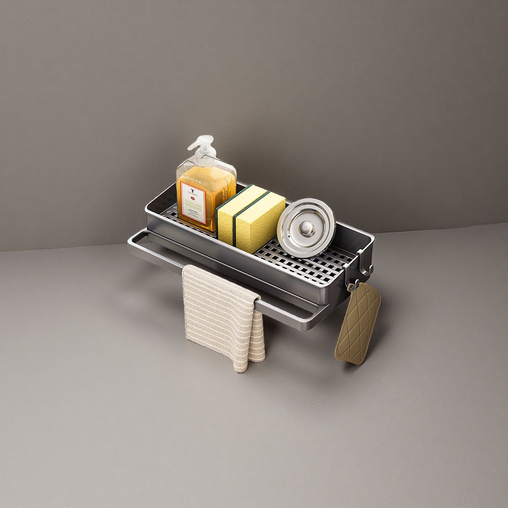 The gun gray detachable water collection tray kitchen storage rack comes with 2 hooks as a gift The gun gray detachable water collection tray kitchen storage rack comes with 2 hooks as a gift