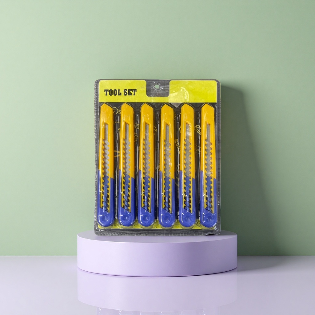 A set of six yellow and blue utility knives details Picture