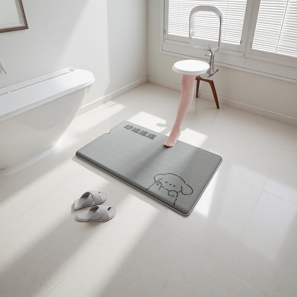 Grey memory foam cartoon bathroom floor mat with continuous good luck and white slippers Specification image