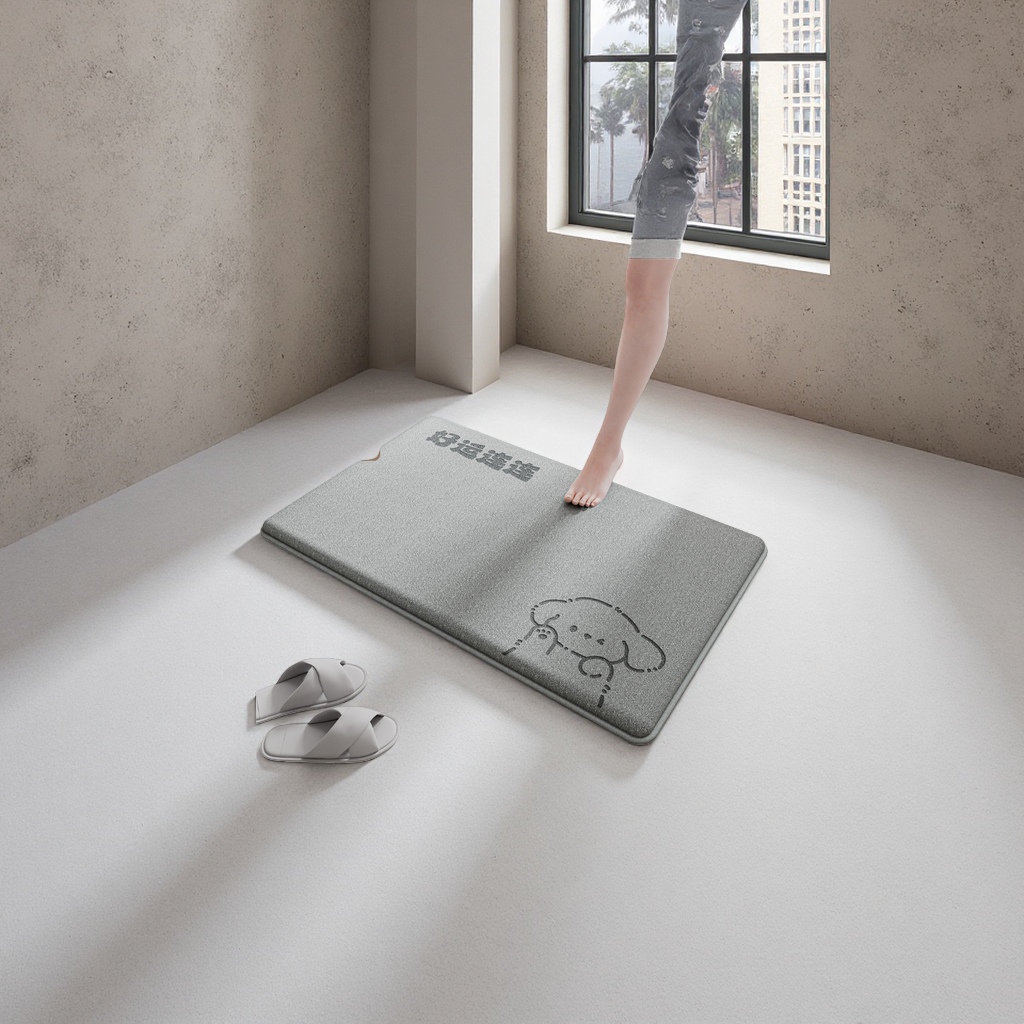 Grey memory foam cartoon bathroom floor mat with continuous good luck and white slippers