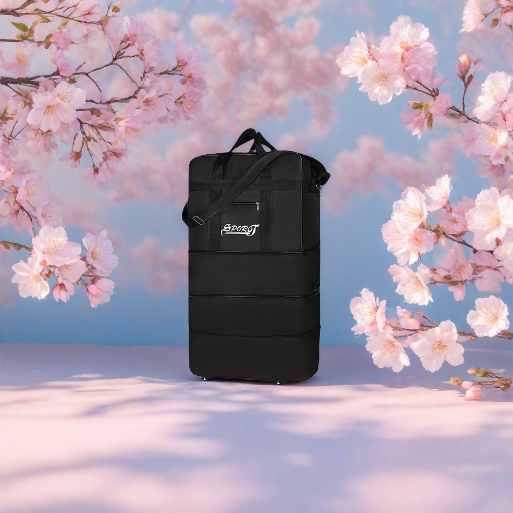 Black three-layer luggage bag with thickened main body and wear-resistant travel storage bag