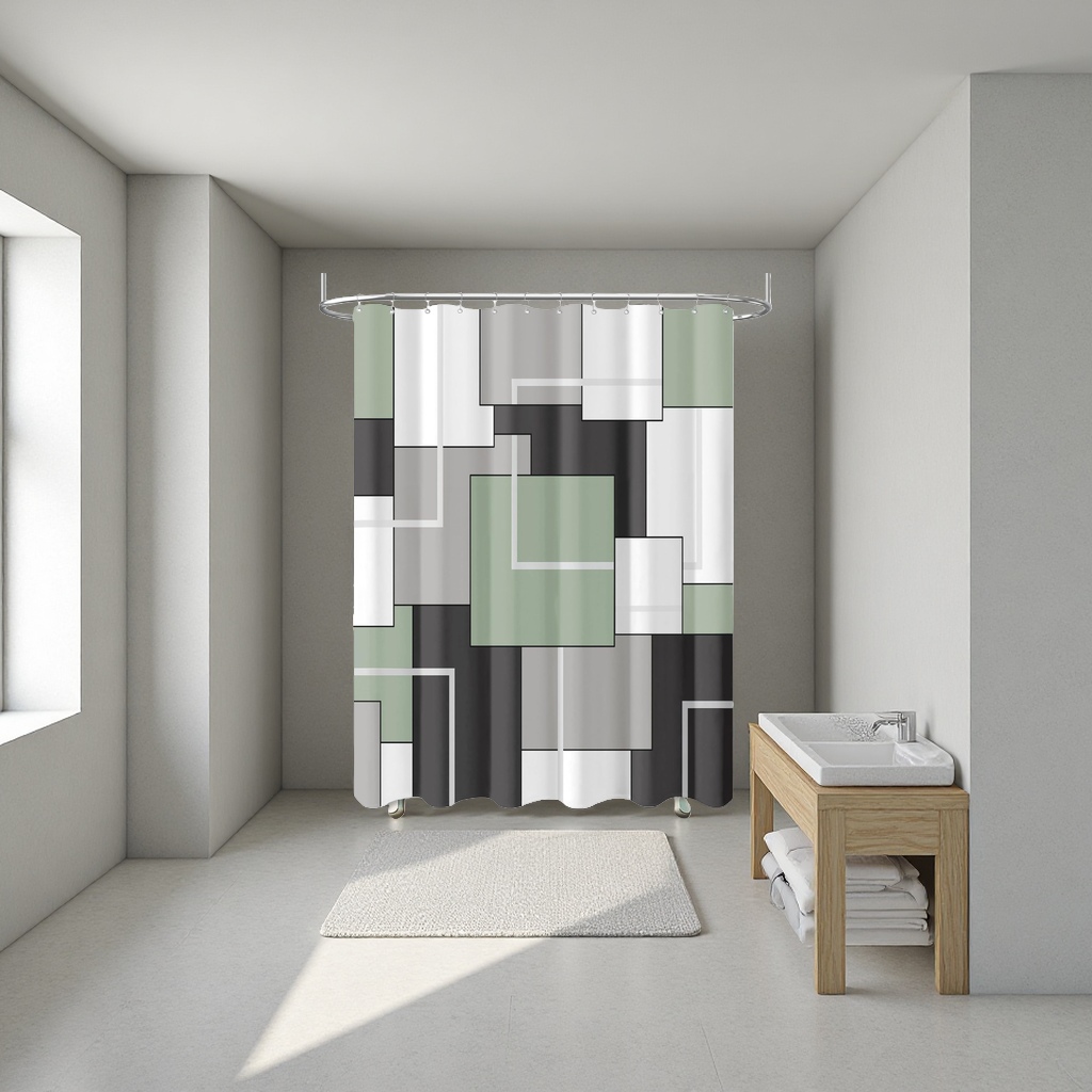 Abstract geometric pattern bath curtain, waterproof and mold-proof PVC material bathroom partition curtain Application Scenario