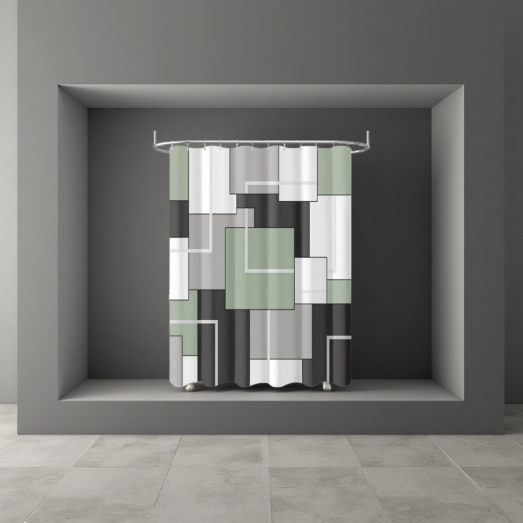 Abstract geometric pattern bath curtain, waterproof and mold-proof PVC material bathroom partition curtain details Picture