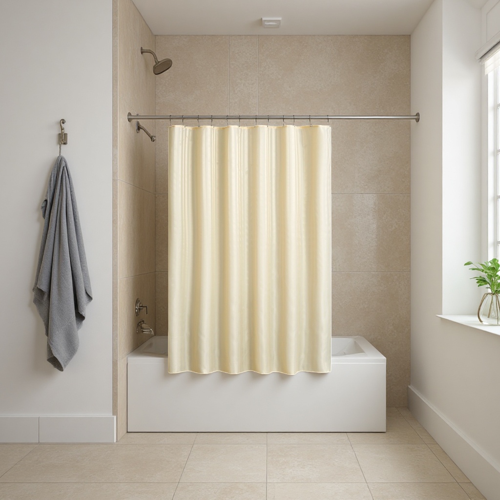 The beige simple waterproof shower curtain is a splash-proof, mold-proof, silent and has a good drape Specification image