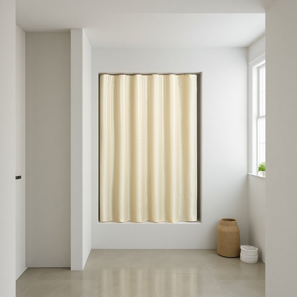 The beige simple waterproof shower curtain is a splash-proof, mold-proof, silent and has a good drape Application Scenario