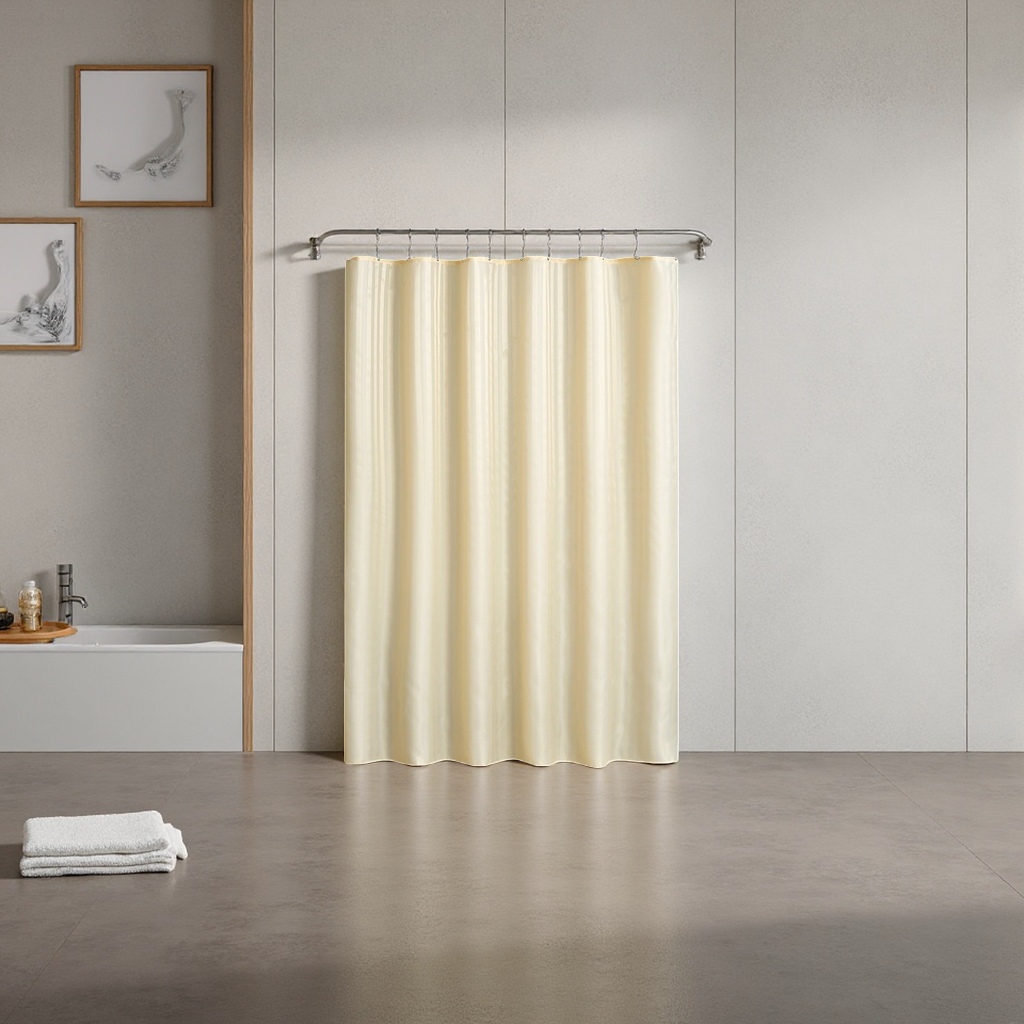 The beige simple waterproof shower curtain is a splash-proof, mold-proof, silent and has a good drape details Picture