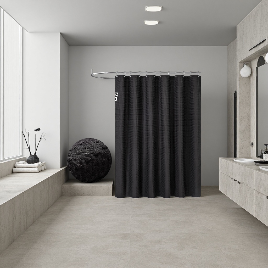 Waffle texturizado negro impermeable cortina de ducha antimoho antideslizante cortina de separación de baño Specification image