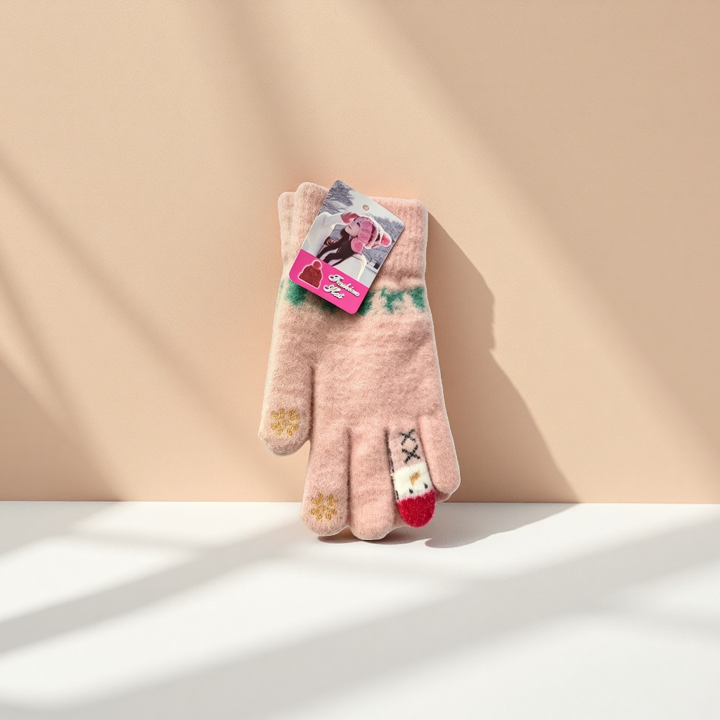 Pink plush gloves for women to keep warm in autumn and winter, thickened to prevent cold and protect hands, with touch screen Specification image