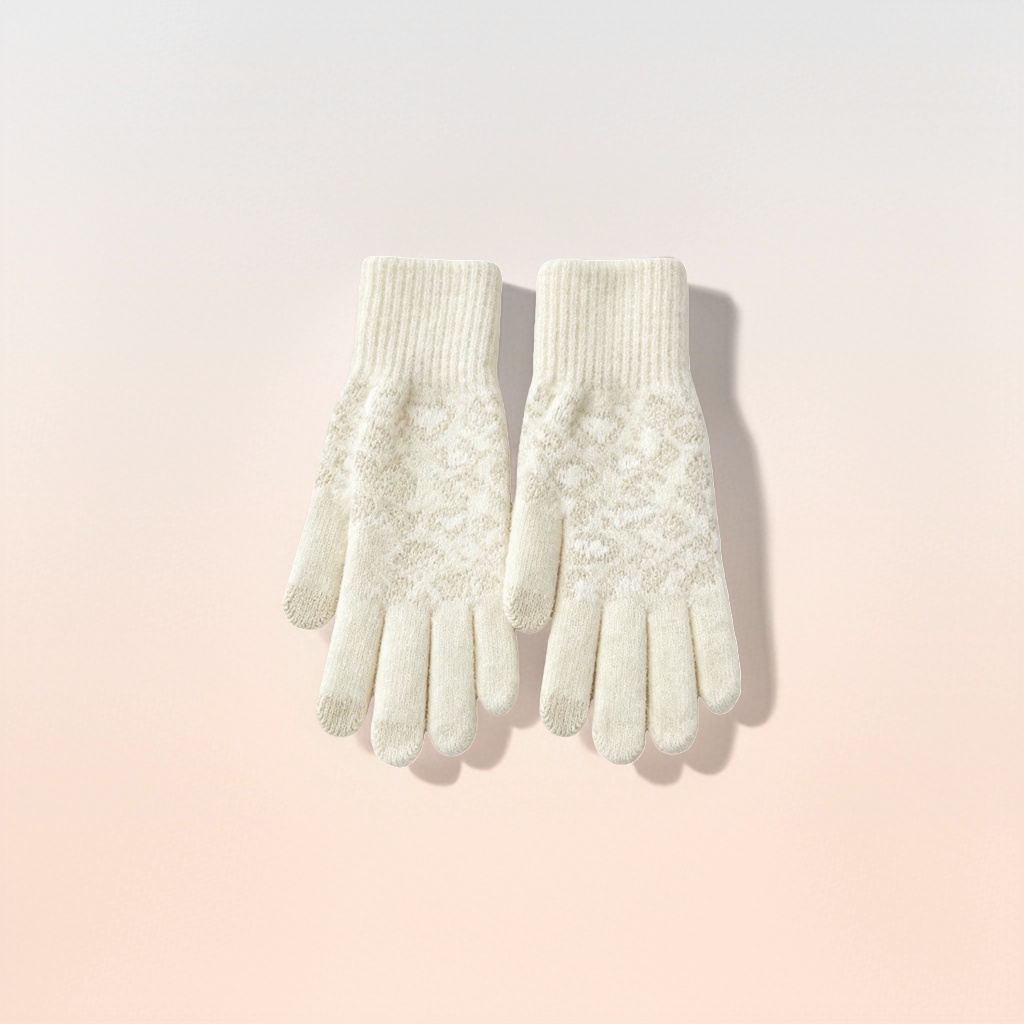Off-white knitted gloves for women, warm and anti-slip, fingertip touch screen, autumn and winter style details Picture