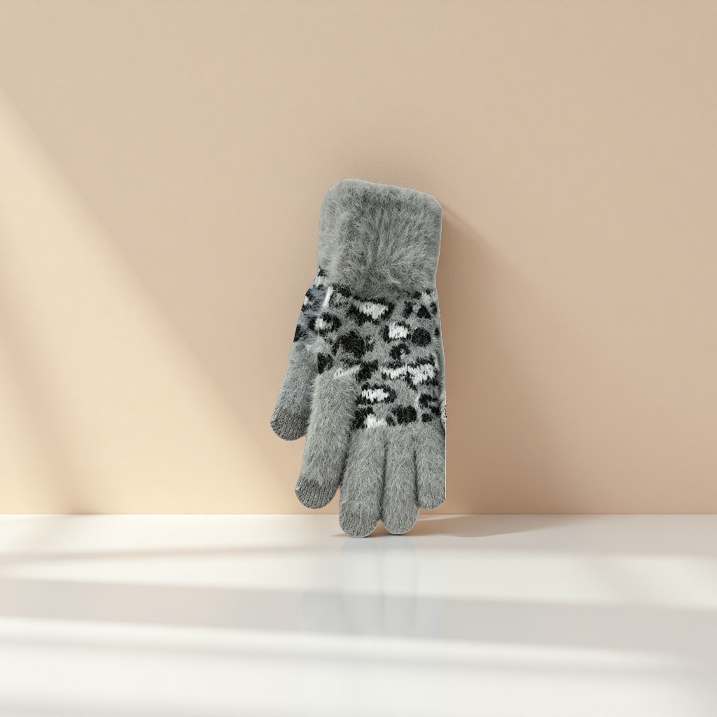 The top of the grey leopard-print knitted plush gloves is decorated with fluffy elements Application Scenario