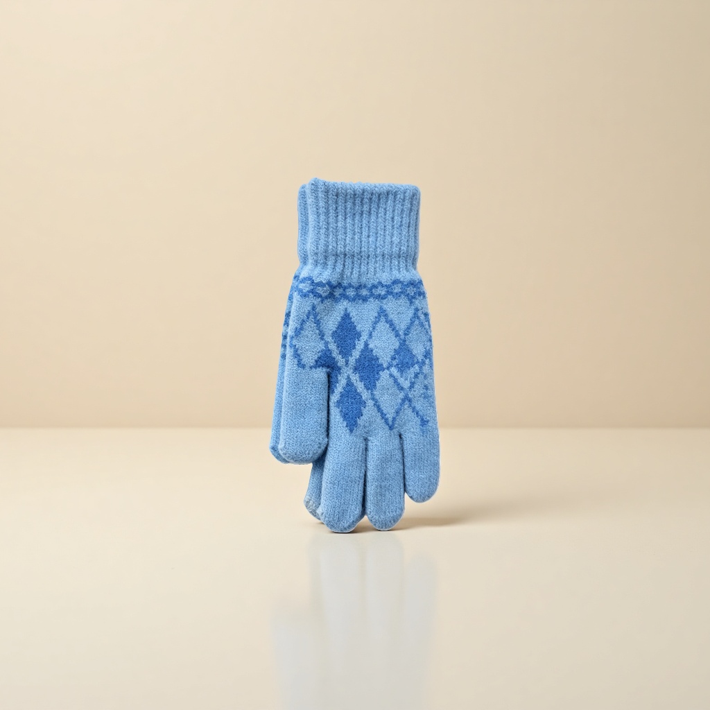 Blue knitted gloves for women, warm and anti-slip, fingertip touch screen autumn and winter edition details Picture