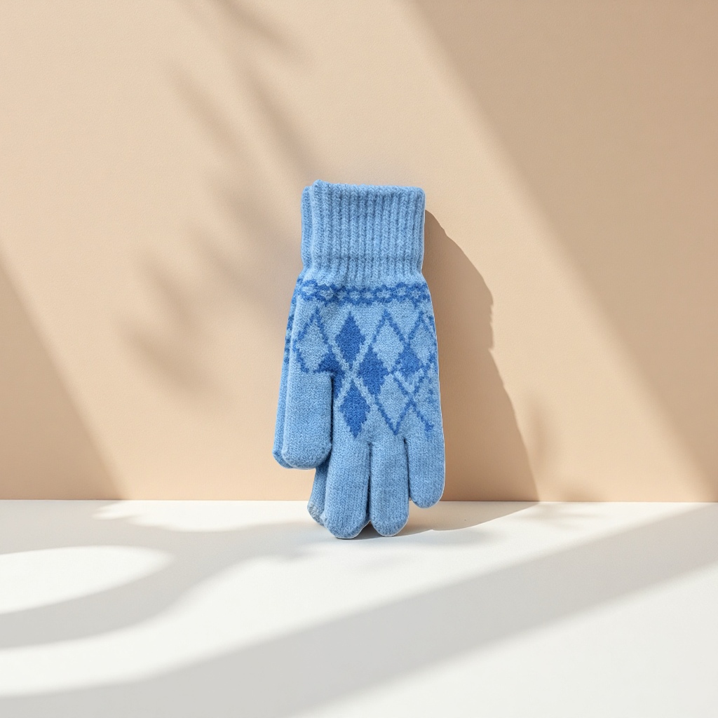 Blue knitted gloves for women, warm and anti-slip, fingertip touch screen autumn and winter edition Specification image