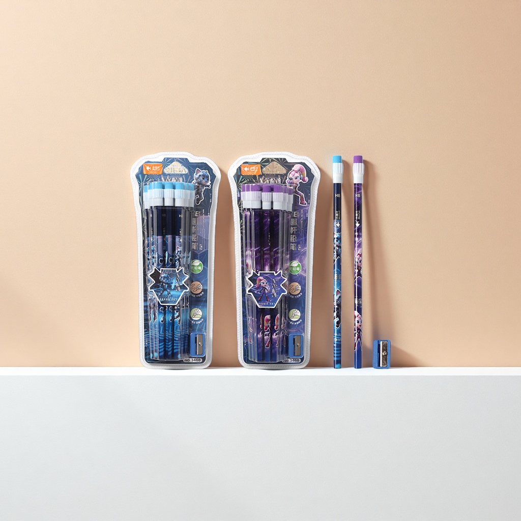 The stationery set includes pencils and pencil sharpeners, a practical combination for students and offices