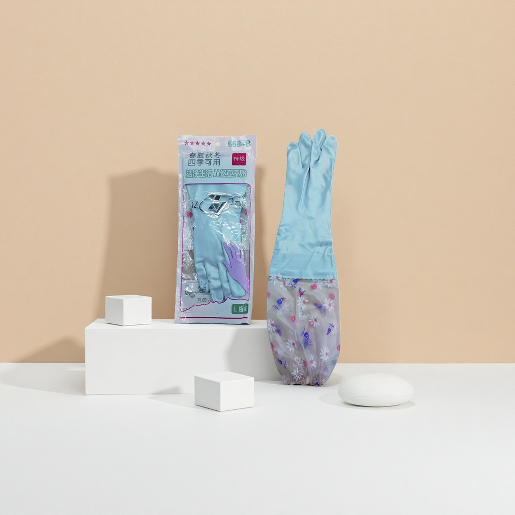 Light blue rubber gloves, anti-slip, thickened and wear-resistant, household kitchen cleaning and protective gloves Specification image