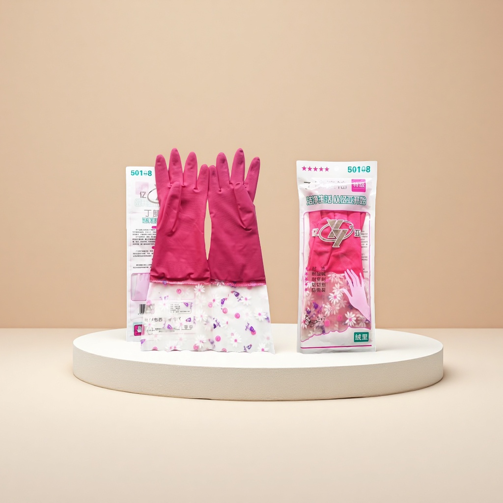 Pink rubber gloves, anti-slip thickened, household kitchen cleaning latex gloves, housework gloves Specification image
