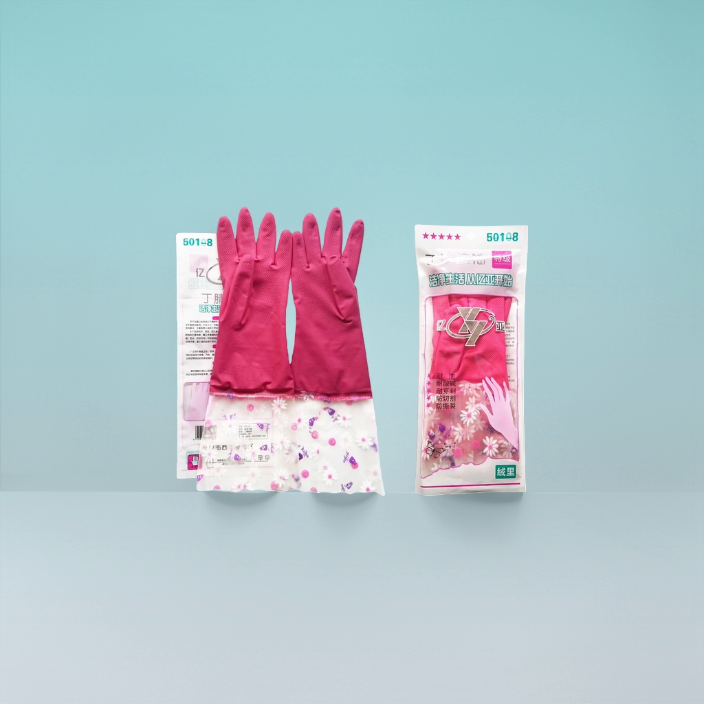 Pink rubber gloves, anti-slip thickened, household kitchen cleaning latex gloves, housework gloves details Picture
