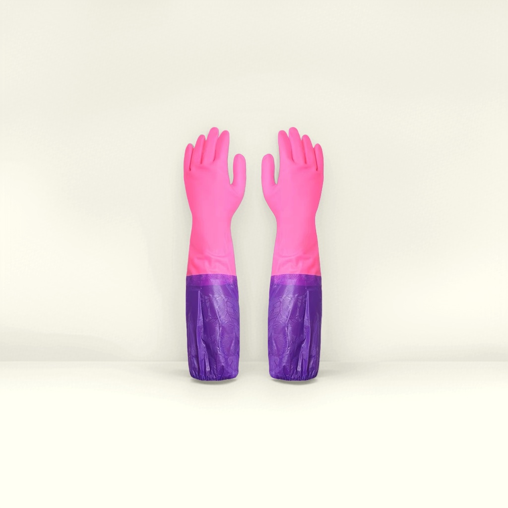 Guantes de goma rosa puños morados engrosados antideslizantes cocina casera vajilla guantes details Picture