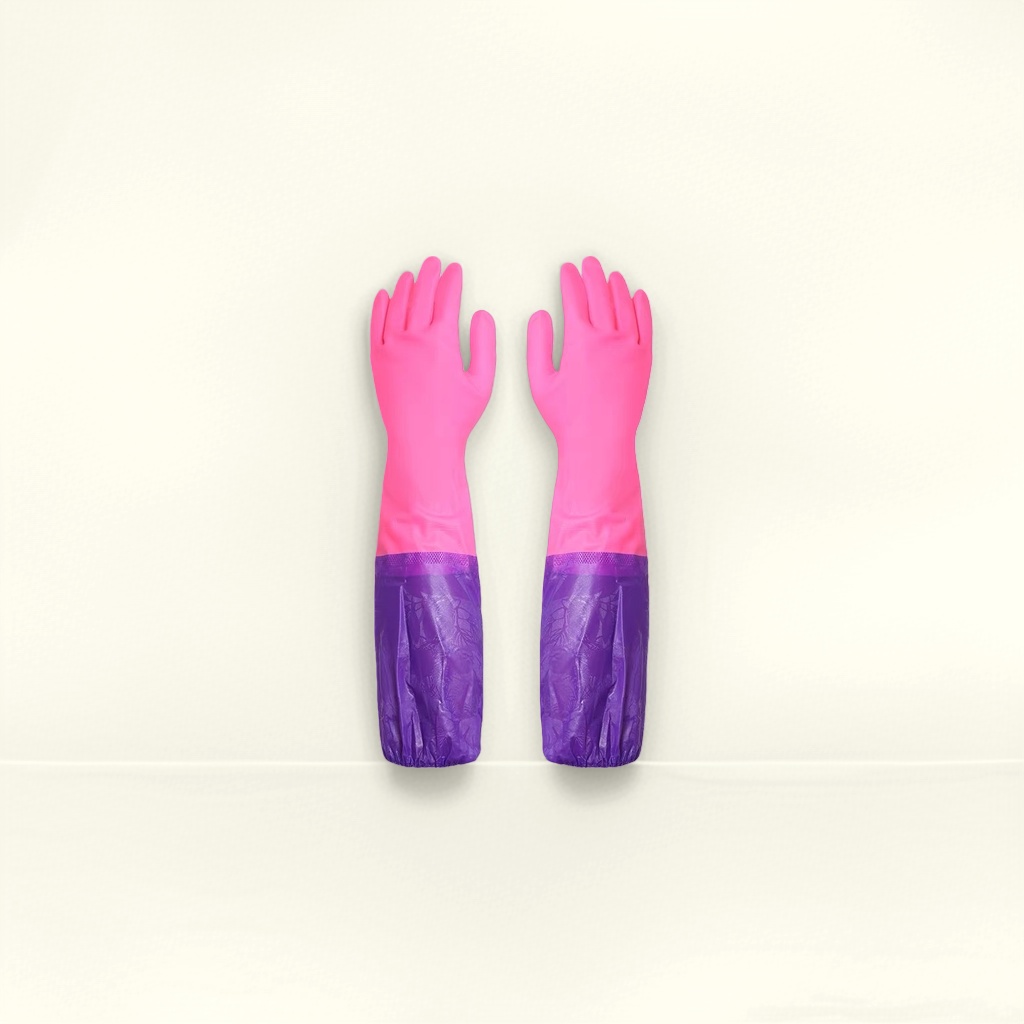 Guantes de goma rosa puños morados engrosados antideslizantes cocina casera vajilla guantes