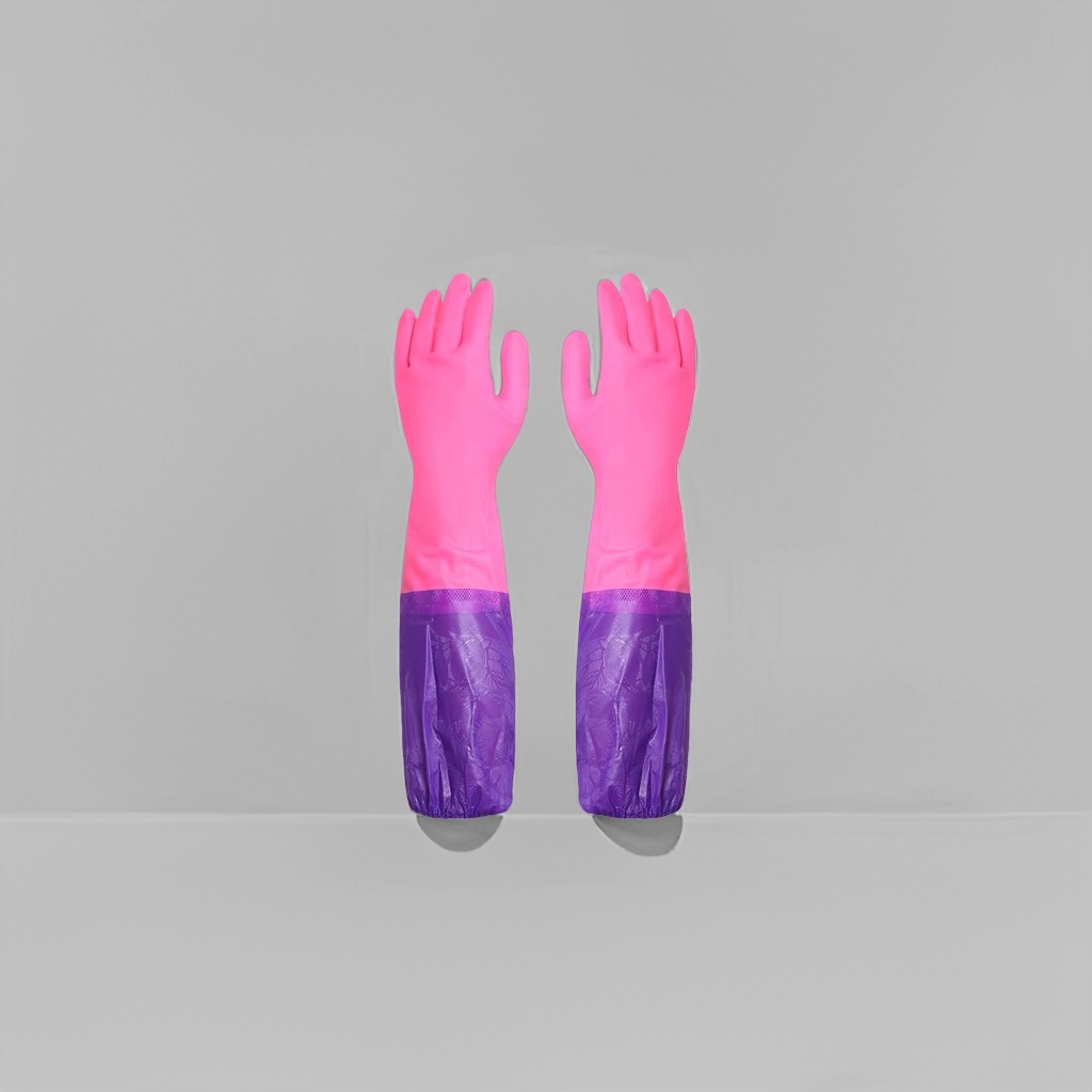 Guantes de goma rosa puños morados engrosados antideslizantes cocina casera vajilla guantes Specification image