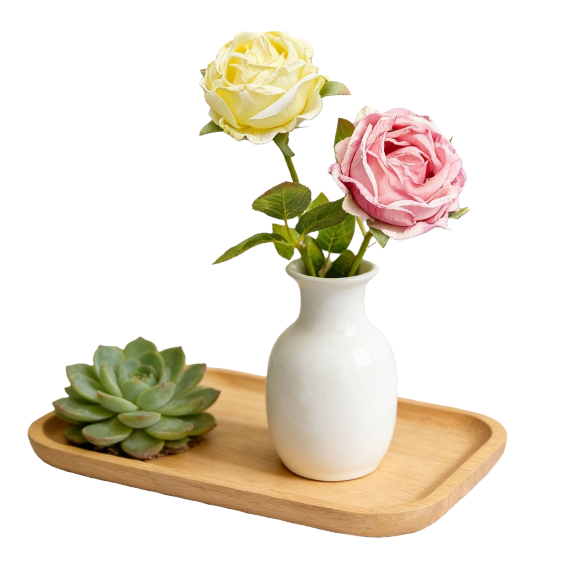 A white vase decorated with a combination of roses and succulent plants Item Picture