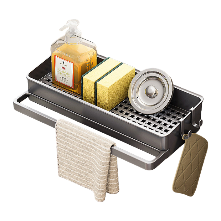 The gun gray detachable water collection tray kitchen storage rack comes with 2 hooks as a gift Item Picture