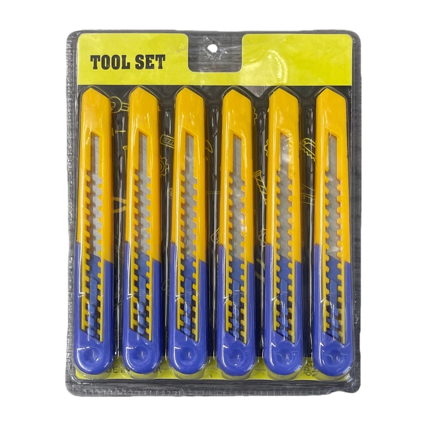 A set of six yellow and blue utility knives Item Picture