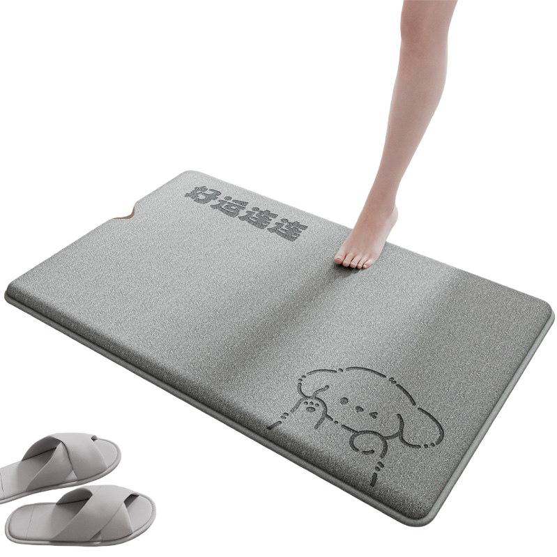 Grey memory foam cartoon bathroom floor mat with continuous good luck and white slippers Item Picture