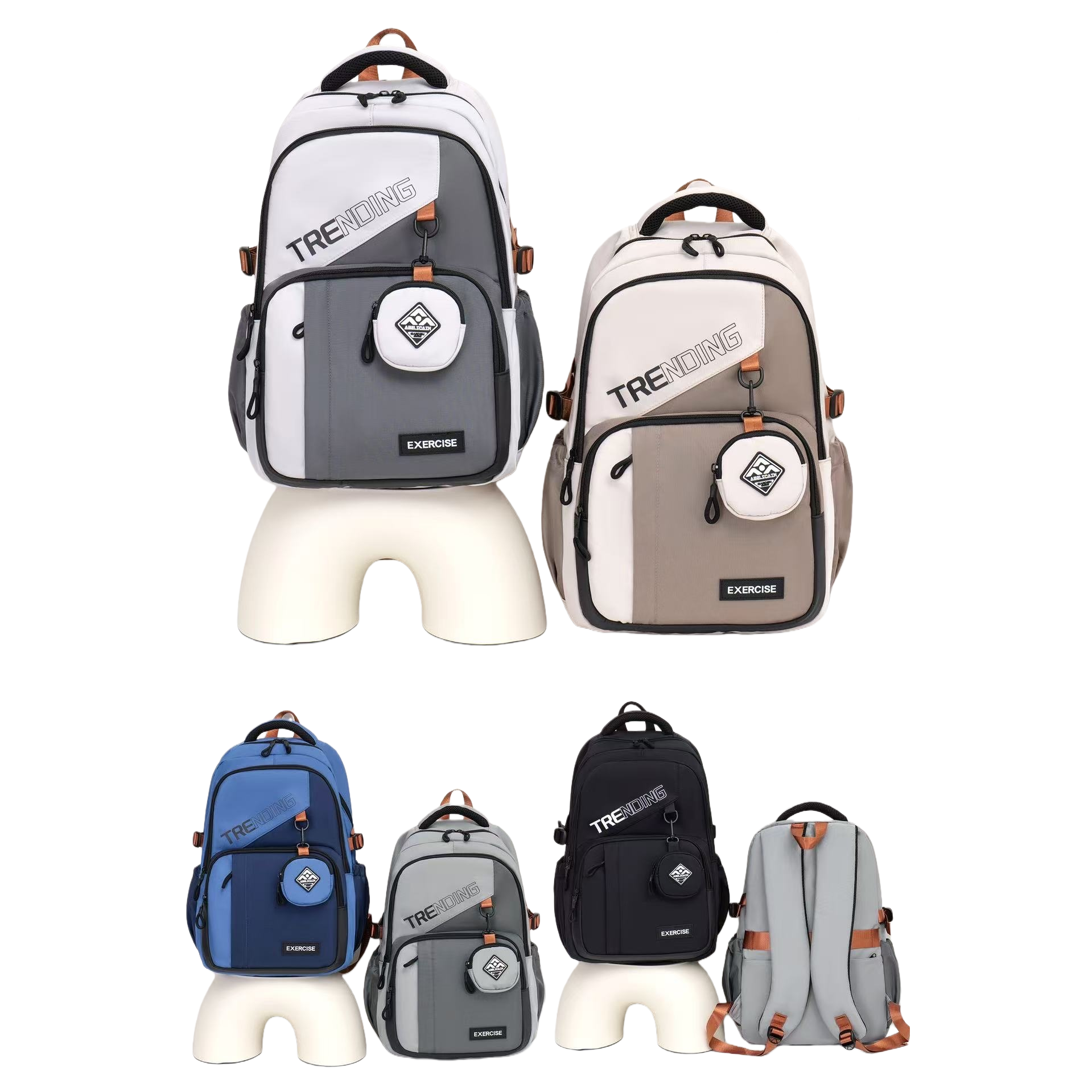 Fashionable and sporty backpacks are available in multiple colors with pockets, pull rods and fixing straps Item Picture