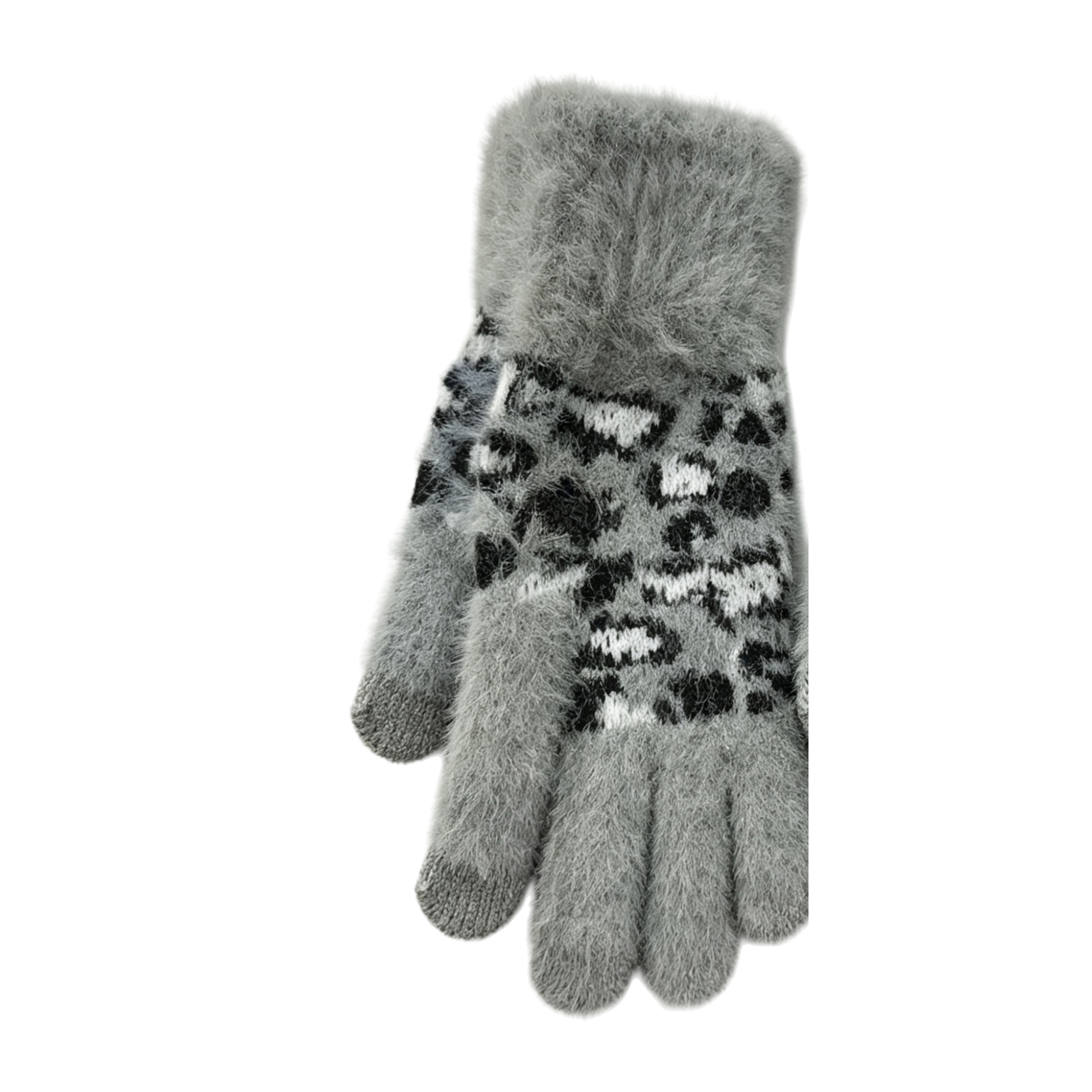 The top of the grey leopard-print knitted plush gloves is decorated with fluffy elements Item Picture