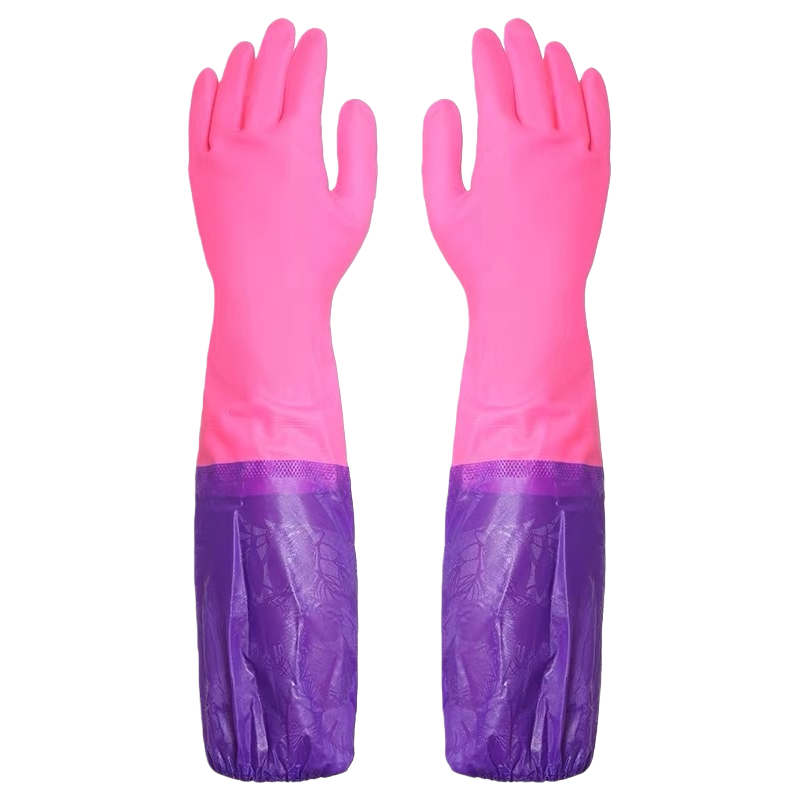 Guantes de goma rosa puños morados engrosados antideslizantes cocina casera vajilla guantes Item Picture
