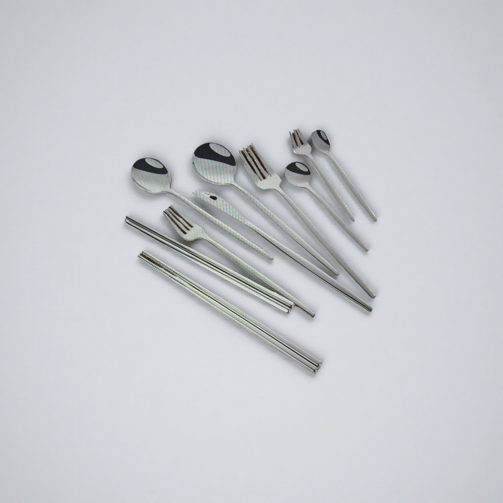 Stainless steel tableware set, three-piece spoon, fork and chopsticks set, for home use, portable and simple style Application Scenario