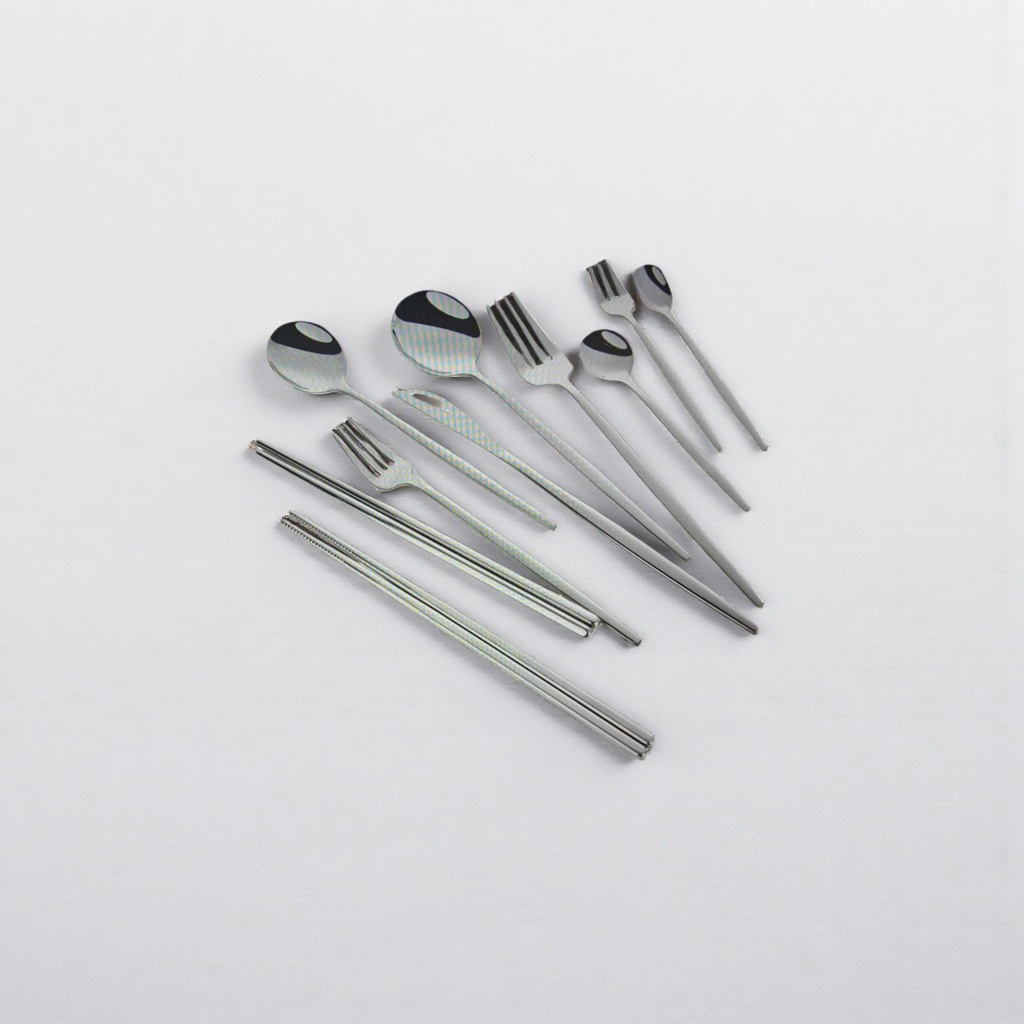 Stainless steel tableware set, three-piece spoon, fork and chopsticks set, for home use, portable and simple style details Picture