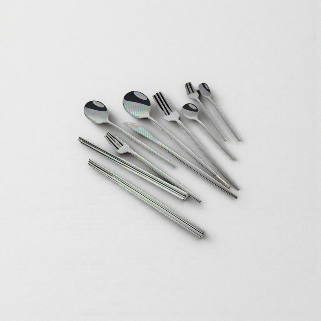 Stainless steel tableware set, three-piece spoon, fork and chopsticks set, for home use, portable and simple style Specification image