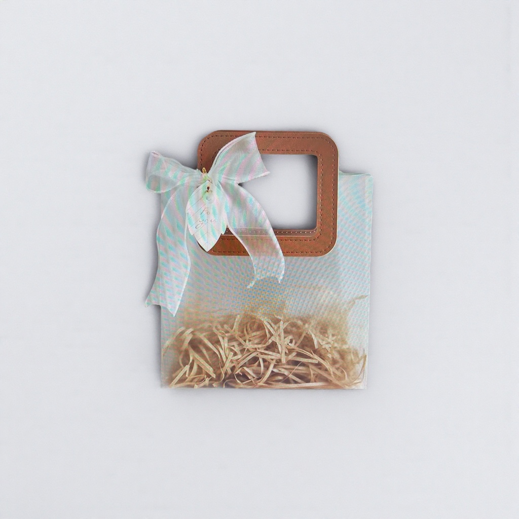 The transparent plastic gift bag is decorated with a brown handle bow